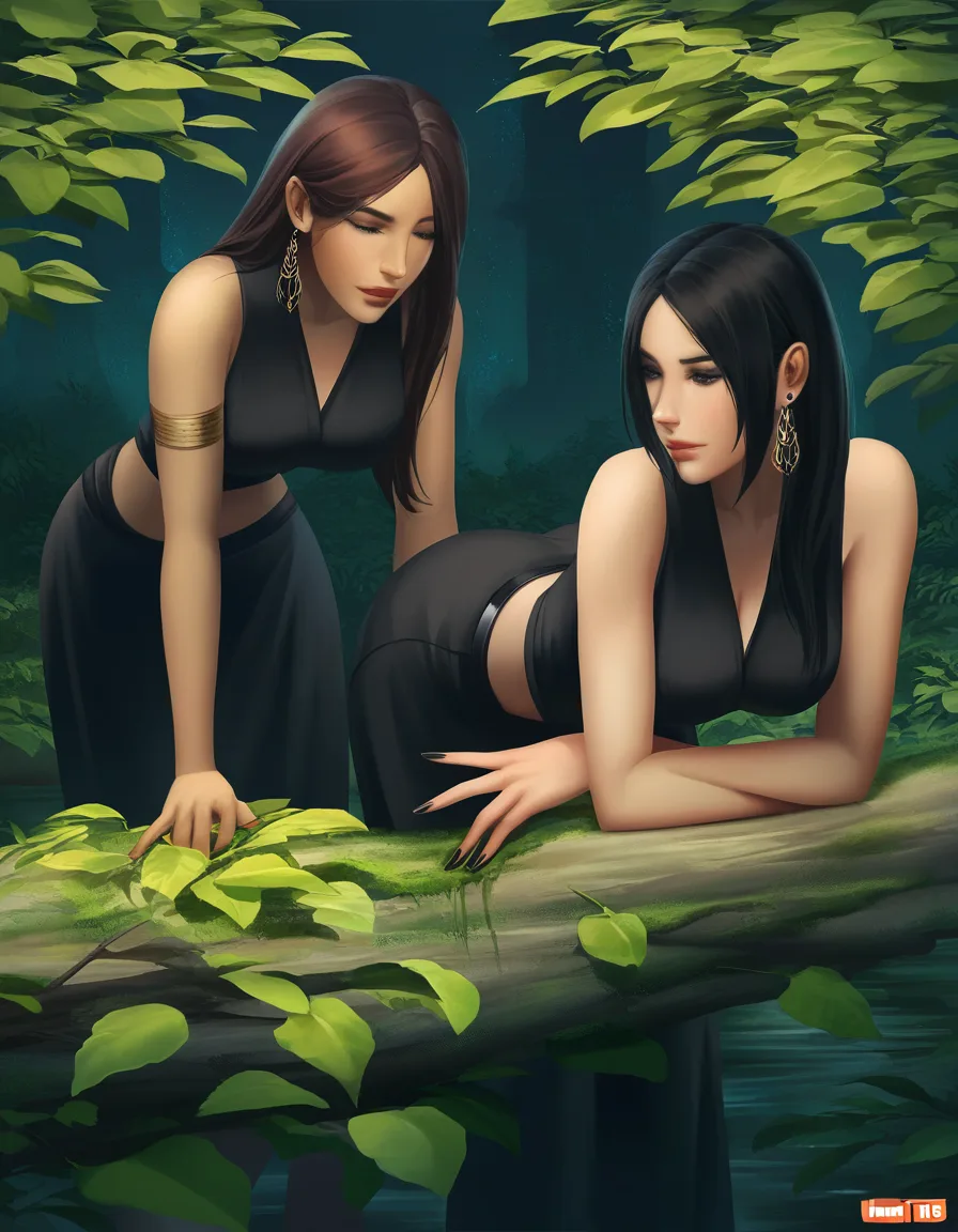 ultra HD, lifelike, 2 girls, reasts, earrings, bent over, leaf, hyperrealistic, yuri, hentai_studio_quality