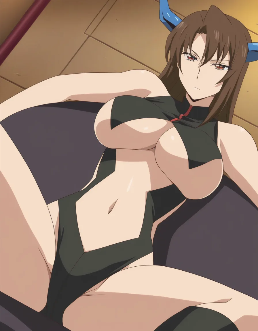 best quality, polished, brunette woman, underboob, horns, spread legs, military, doujin style, (anime style:1.3), 2d, anime screencap, cel shading, flat color