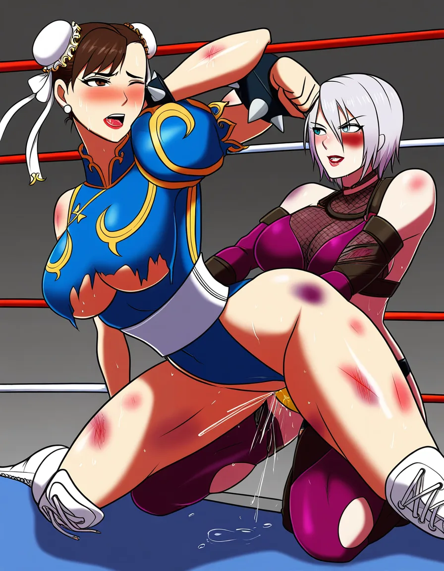2girls , Best_quality, ultra_detailed, isabella_valentine_(soup_calibur), @chun-li , yuri sex ,wrestling_ring wrestling defeated, pussy_juice squirting orgasm , bruised wince, sex_from_behind strap-on torn_clothes ,, hentai_studio_quality, hentai_studio_quality