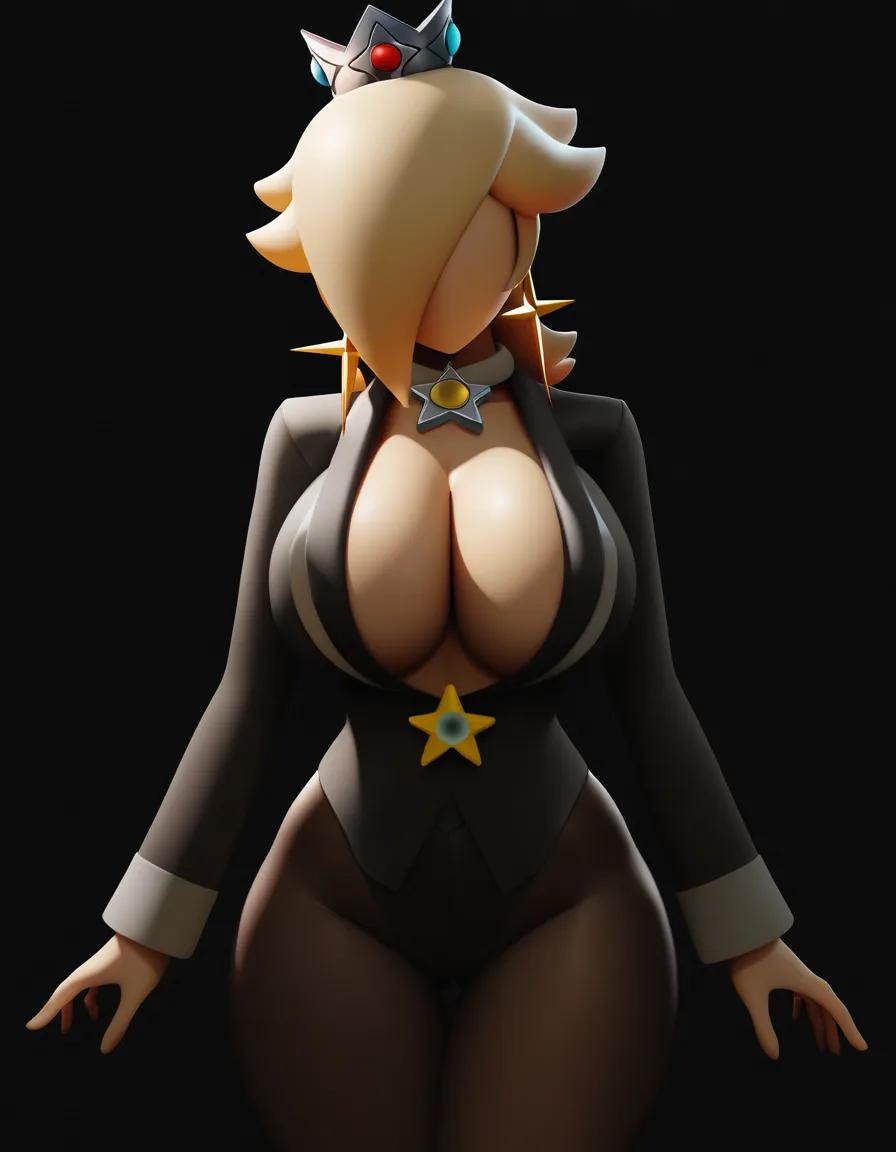 @rosalina , c-cup breasts, wearing a sexy scientist outfit, facing the viewer, no eyes, no noses, no mouths, black background, hentai_studio_quality