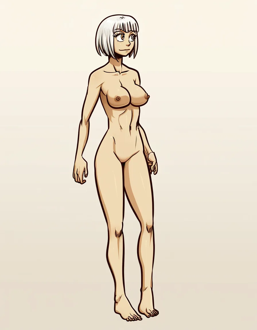 Art by Spidu, fully nude, standing, bobcut hair, Full body, Symmetric, V-tuber ready, 1girl, solo, bold linework, white_background,a, hentai_studio_quality, hentai_studio_quality