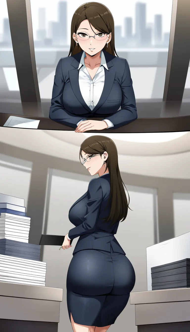 office_lady, parted_lips, seductive_smile, hentai_studio_quality