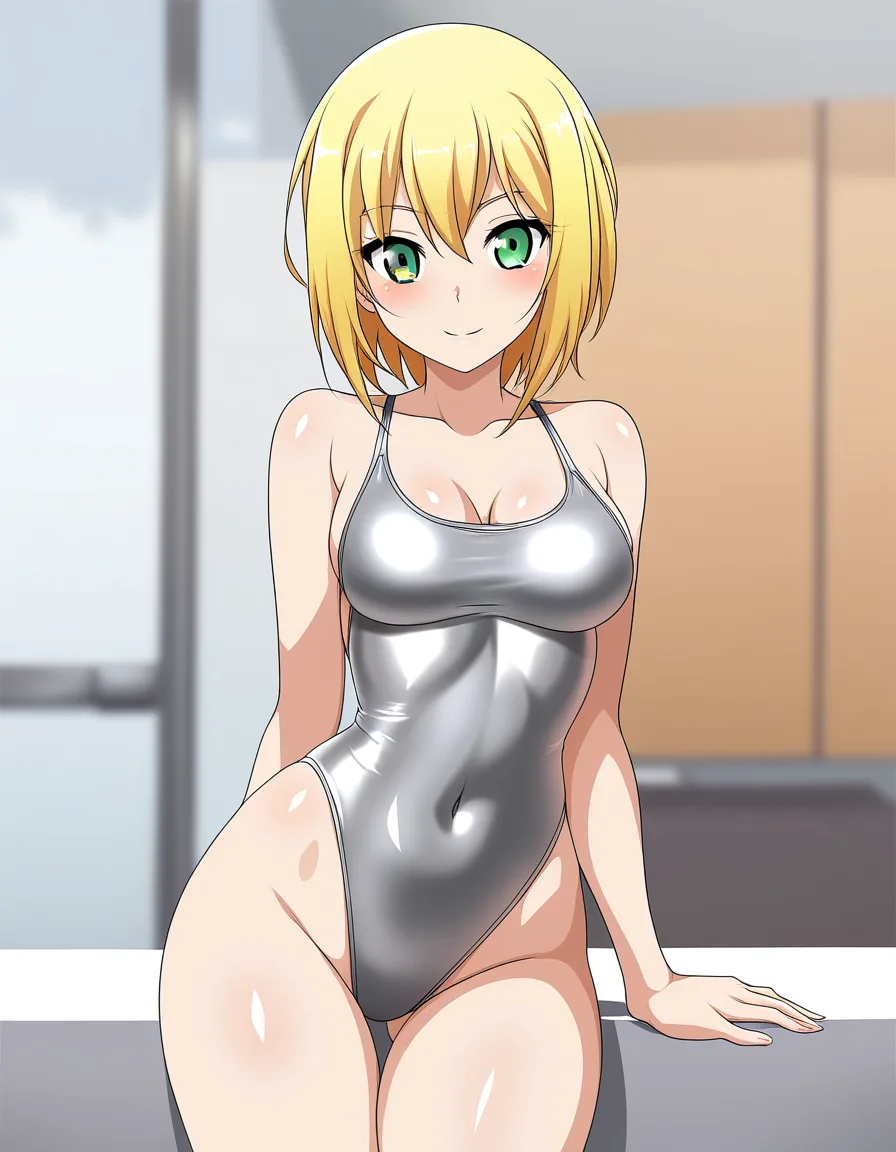 sexy blonde, short hair, green eyes, medium breast, silver one-piece_swimsuit, smile, hentai_studio_quality