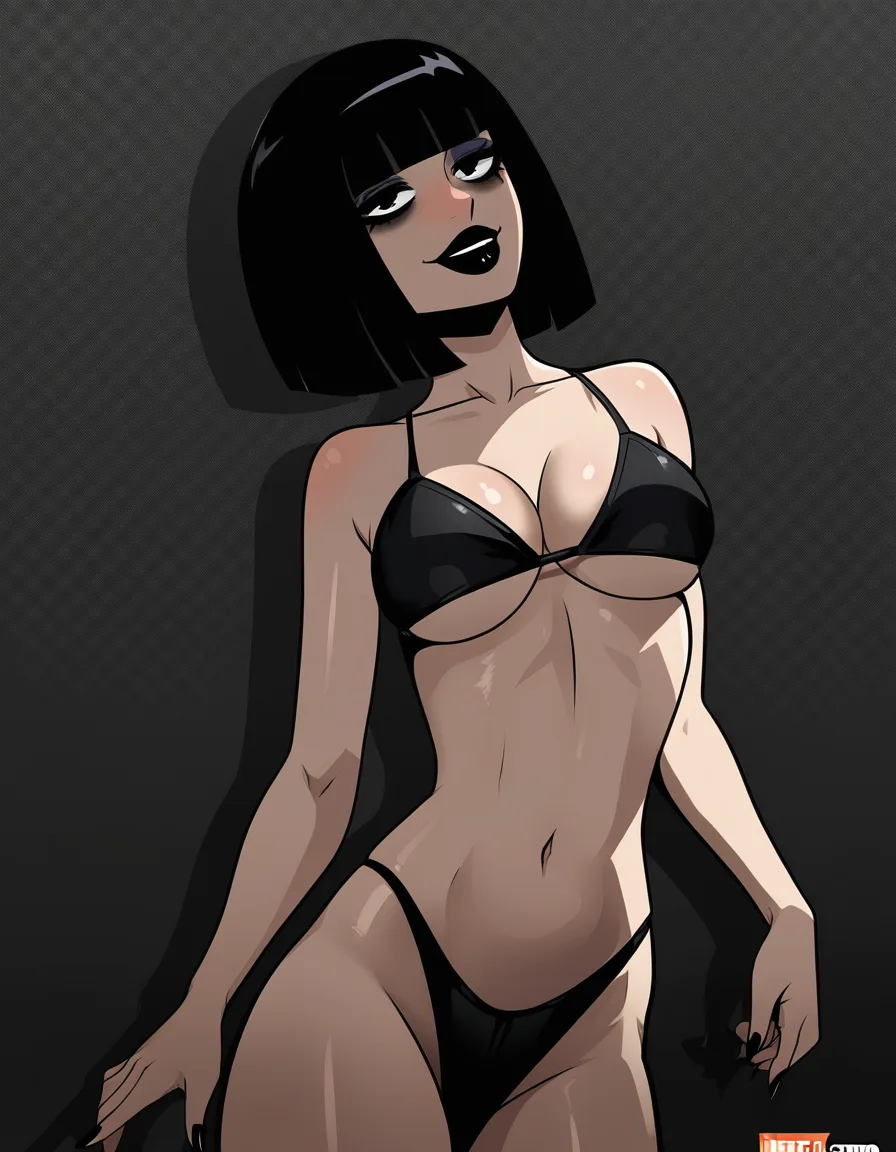 sexy, black hair, bob cut, black lips, medium_breasts, goth, smile, shiny black thong bikini, hentai_studio_quality