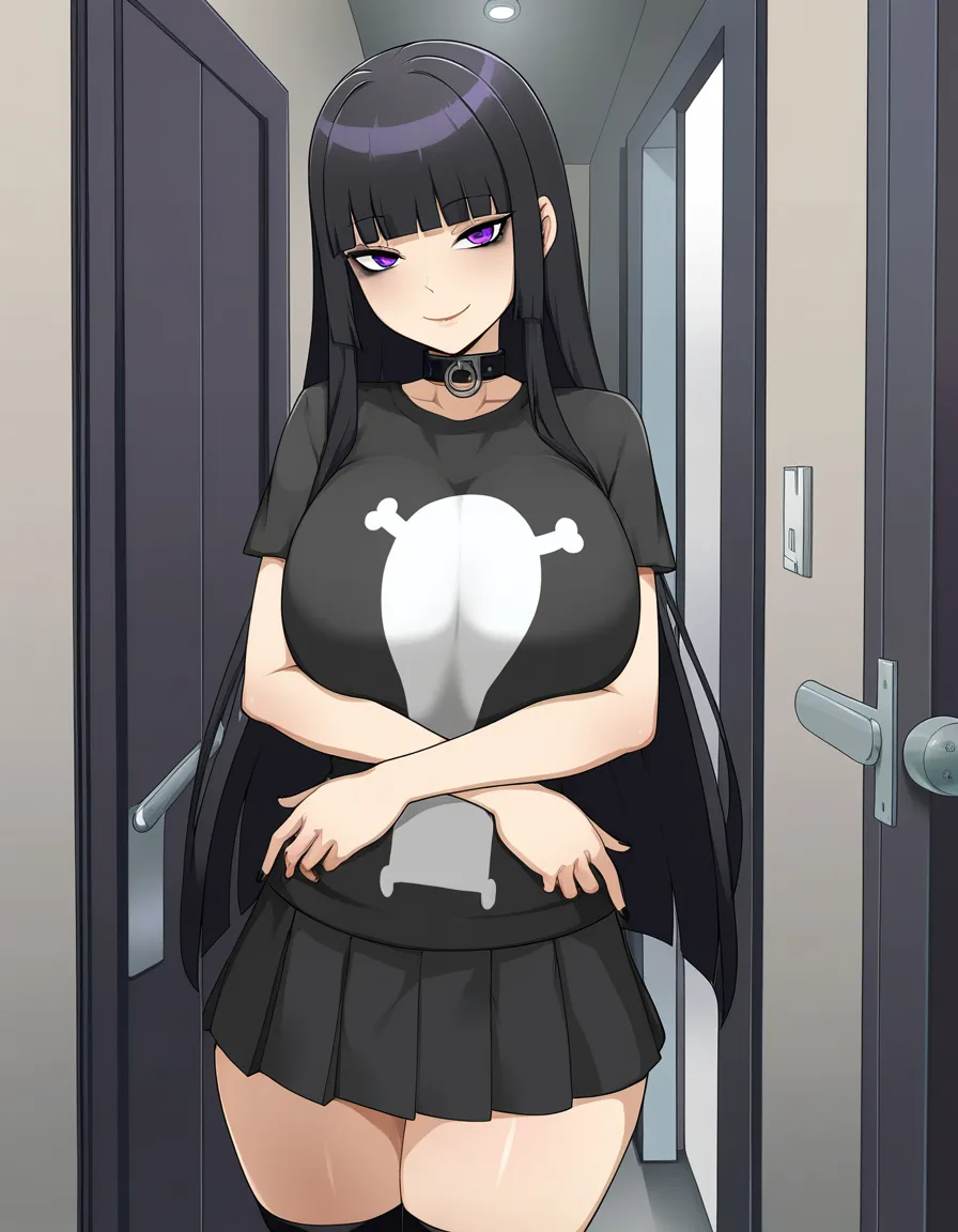 masterpiece, best quality, very aesthetic, 1 girl, Goth, long black hair, bangs, hime cut, purple eyes, black top, big breasts, black miniskirt, black boots, seductive smile, heavy eyeliner, black collar, standing, hugging man, BREAK entrance, open door, hallway, cozy home, hentai_studio_quality