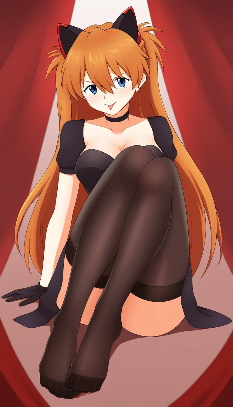 @souryuu_asuka_langley #black_gloves #dress #cat_ears #solo #feet #choker #thighhighs #knees_together_feet_apart
Feet directed to viewer #tongue #skirt, hentai_studio_quality