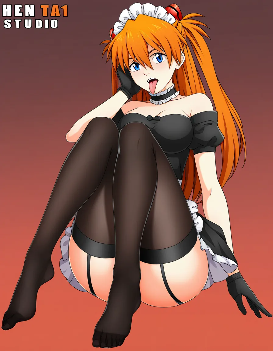 @souryuu_asuka_langley #black_gloves #dress #solo #feet #choker #thighhighs #knees_together_feet_apart 
The feet are visible  #tongue #miniskirt maid #sitting and showing her feet to viewer, #maid, hentai_studio_quality, hentai_studio_quality