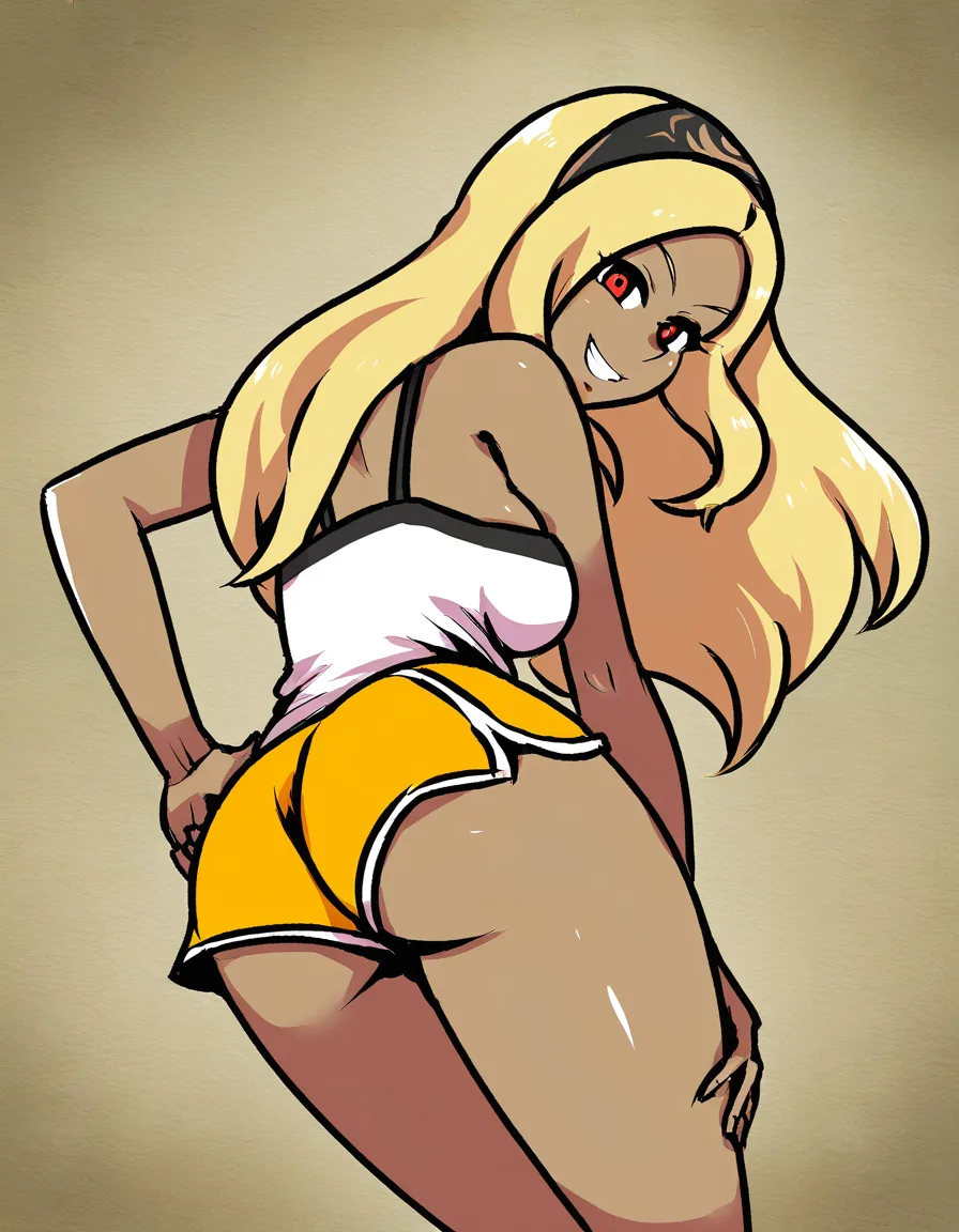 #akairiot_artstyle, @kitten_(gravity_daze), gravity_daze, 1girl, solo, long_hair, blonde_hair, dark-skinned_female, red_eyes, medium_breasts, grin, dolphin_shorts, yellow_shorts, ass, standing, looking_back, from_behind, hentai_studio_quality