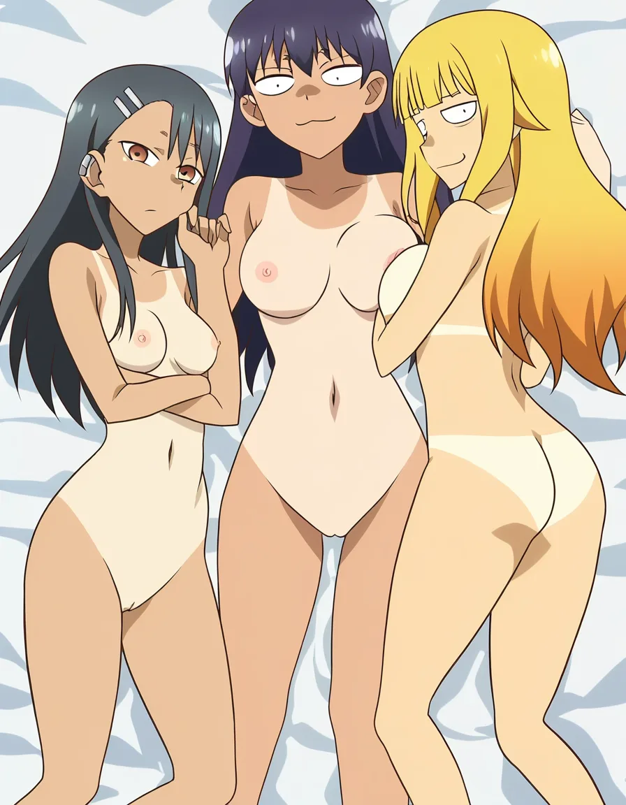 3 girls nude and with nude and tanlines on ass and breast on the bed showing their breasts and pussy to the kamera, one girl lookalike anna yamada, one girl lookalike lemon yakishio and the other girl lookalike nagatoro, (anime style:1.3), 2d, anime screencap, cel shading, flat color, hentai_studio_quality, (anime style:1.3), 2d, anime screencap, cel shading, flat color