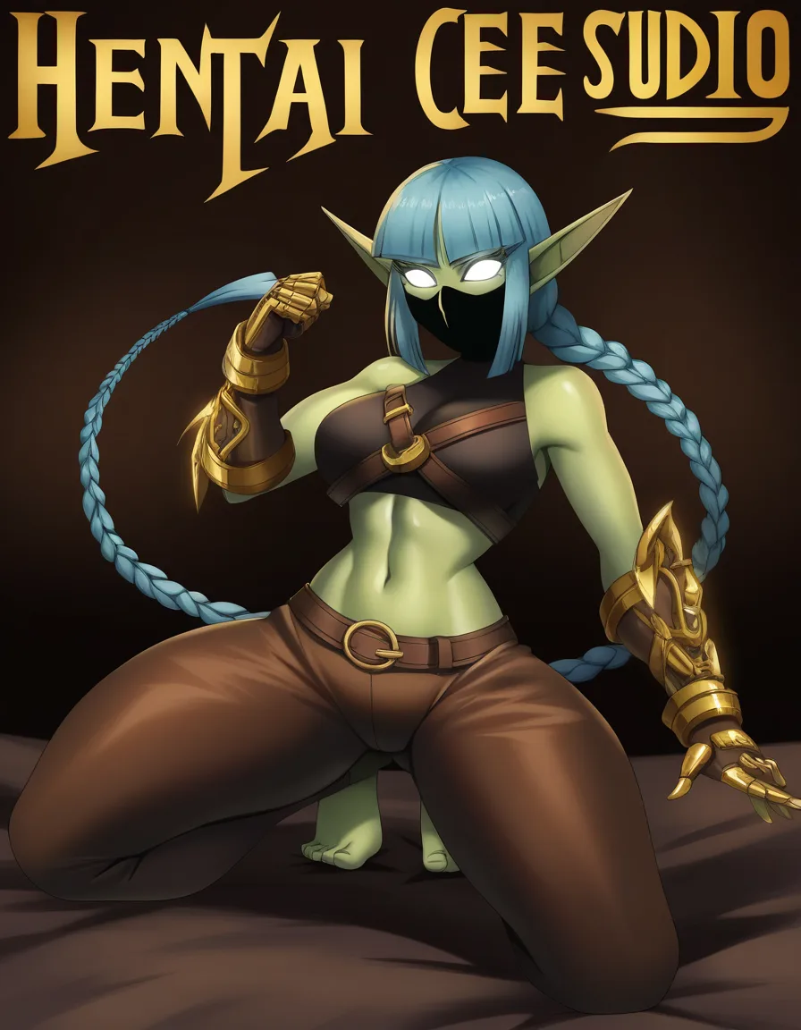 highly detailed, sharp, bold cel-shaded fantasy cartoon illustration, thick black linework, saturated neon colors, anime-Western animation hybrid, exaggerated character proportions, clean digital finish, 1girl, kneeling on bed, detailed shading, Green skin, large glowing white eyes, simplified facial features, dark face mask, long pointed elf-like ears, bright blue hair, thick swept fringe, chunky bangs, long braided ponytail, loose hair tuft, dark brown sleeveless cropped top, fitted leather-like material, exposed midriff, oversized dark brown leather gauntlets, broad wrist straps, gold rectangular buckles, gold triangular studs, dark brown fitted trousers, low waist, narrow belt, small rectangular buckle, asymmetrical folded fabric, dark brown heavy boots, broad rounded toes, tan straps, large gold rectangular buckles, dark brown and black clothing, leather materials, gold metallic accents, fantasy rogue style, assassin-like clothing, agile fighter appearance, hentai_studio_quality