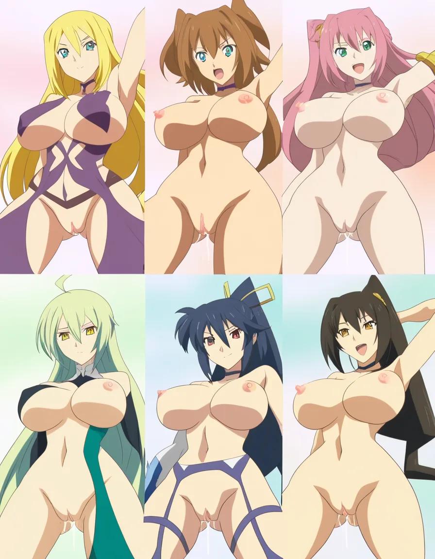 multiple_girls nude thick_thighs huge_ass huge_breasts revealing_clothes, pussy pussy_juice, facing_viewer, curvy,,, (anime style:1.3), 2d, anime screencap, cel shading, flat color