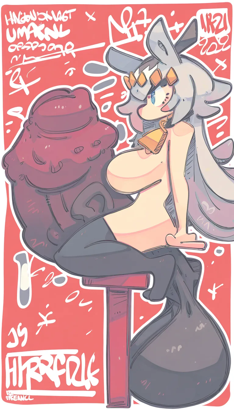 Oguri cap (umamusume), jrpencil, perky big breasts, sitting on table, cowbell choker, naked, gigantic penis, horse penis, massive balls, legs apart, penis cage, orgasm, side view,