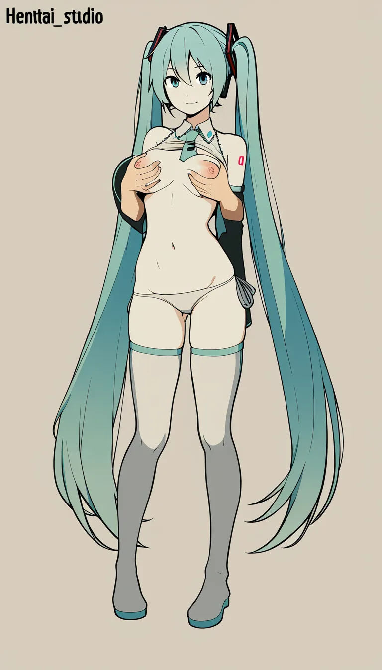 @hatsune_miku full body, standing, both hands squeezing breasts, breast grab, massaging breasts, fingers pressing into soft breasts, looking at viewer, slight smile, flushed face