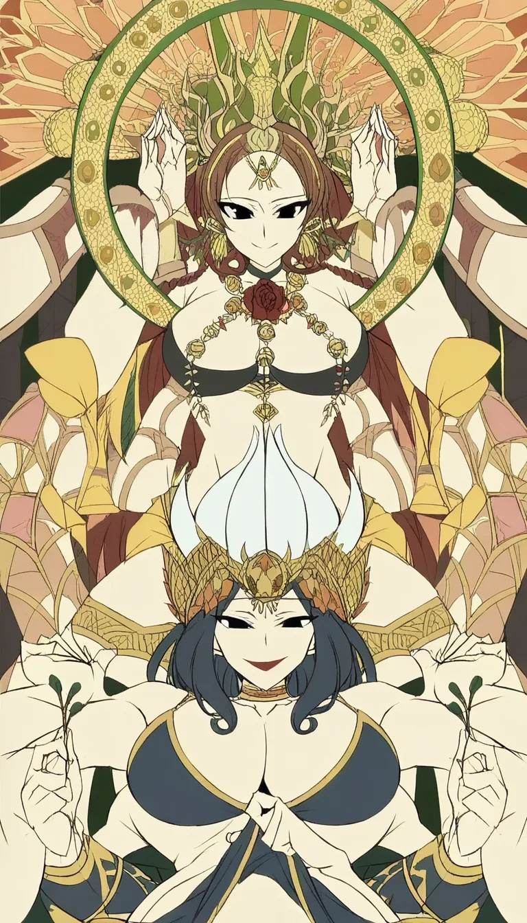 Maa Durga with multiple arms, Beautiful, ethnicity Hindu, Bengali, red lipstick, Accurate Anatomy, symmetrical body structure, Big chest, Thick thighs and arms, thick pelvis, tight fitting bra with intricate patterns and baggy mini skirt with curls and frills, skirt_lift , Adorned Heavily in Indian Ornaments, black eyes, POV Sex, Symmetrical Tight Straddling Position, Having sex with viewer, vaginal sex, big all around Mukut Crown, devine radiance, Calm and Graceful Expression, confident smile with hooded eyes, flowers around in Symmetrical order, holding flowers, floral necklace,