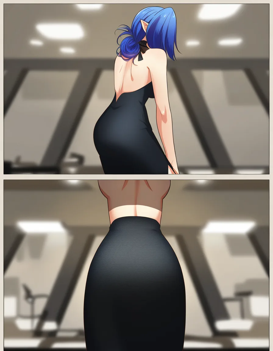 cinematic photo, 8k, office lady, blue hair, cocktail dress, topless, natural skin texture, hentai_studio_quality