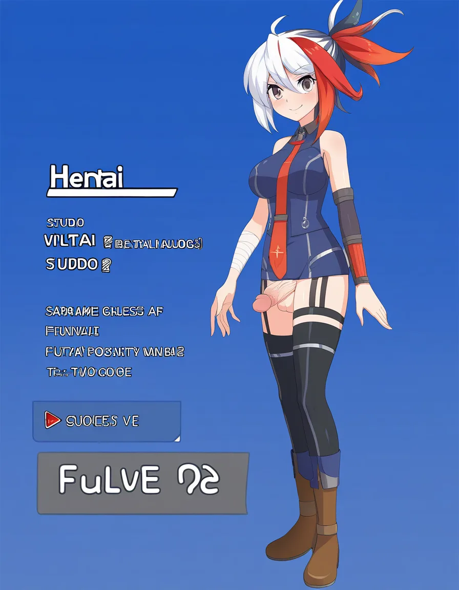 ultra detailed shading, solo, futanari, brown footwear, multicolored hair, blue background, visual novel art, hentai_studio_quality