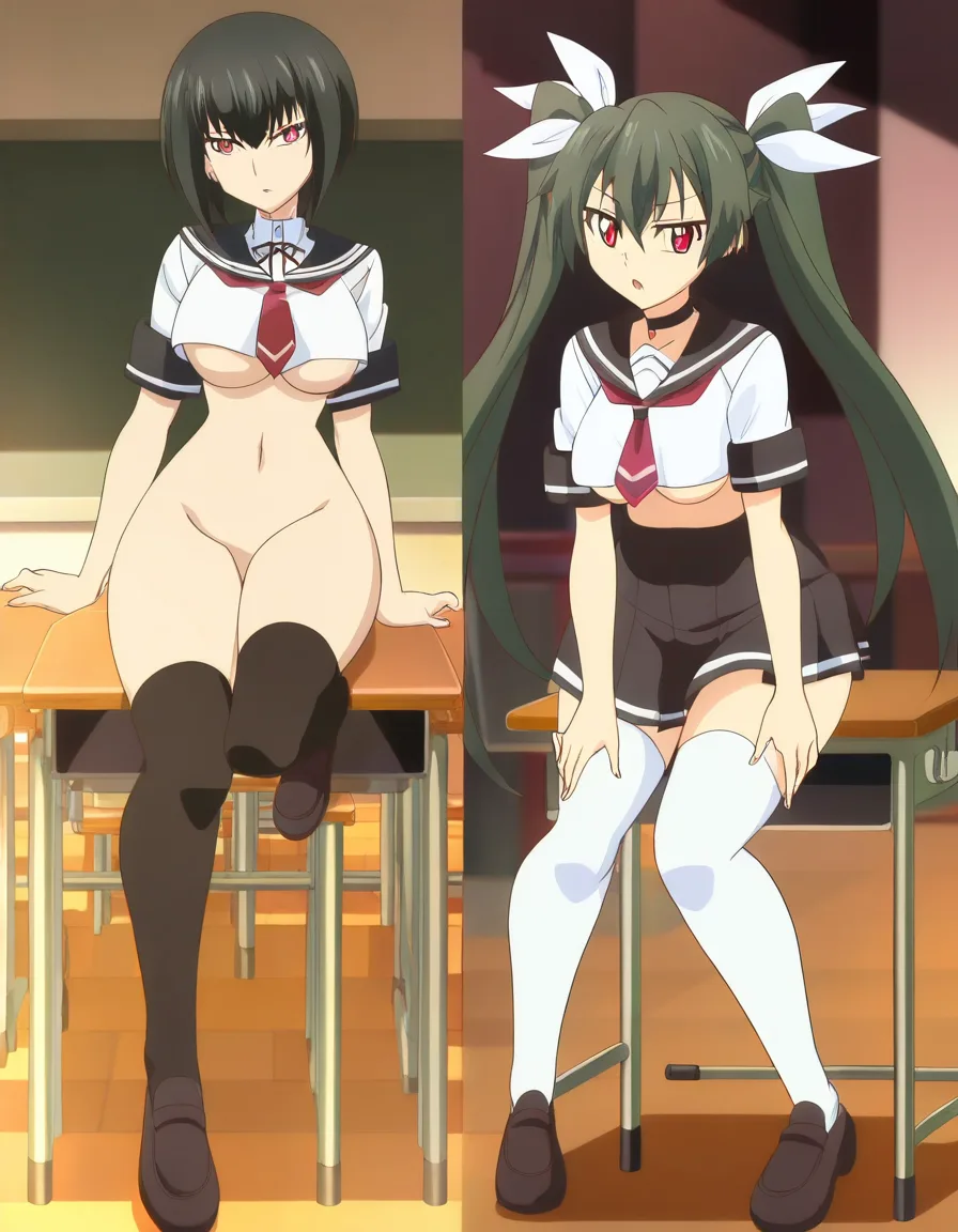 Adult anime woman, 18 years old, slim thin body, black bob haircut with small twin tails tied with white ribbons, solid black choker, small red necktie, black short-sleeved Japanese school shirt with white collar and white accents, shirt cropped so the underboob is slightly visible, small modest bust, short black pleated skirt with white trim, white thigh-high stockings, black loafers, very slim waist, thick thighs, large butt, sitting on a wooden school desk in a Japanese high school classroom, legs dangling, playful expression looking at viewer, full body, correct anatomy, high quality anime style, 4K, detailed, (anime style:1.3), 2d, anime screencap, cel shading, flat color