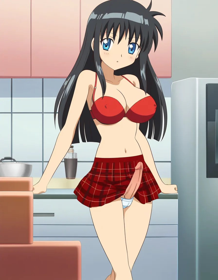 full_body, in kitchen, small erect penis , erection , long black_hair , erect penis, round tits, red lacy bra , tits out, plaid, erect penis raising skirt, red_skirt ,miniskirt , erection , blue eyes, solo, (anime style:1.3), 2d, anime screencap, cel shading, flat color