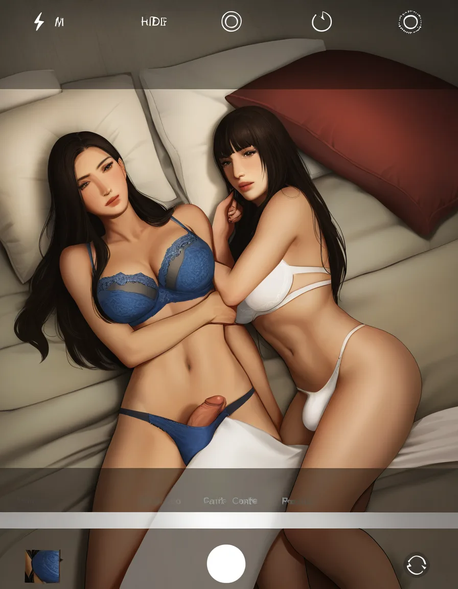 cinematic photo, 8k, 2girls, futanari, midriff, pillow, lifelike cowboy_shot, hentai_studio_quality