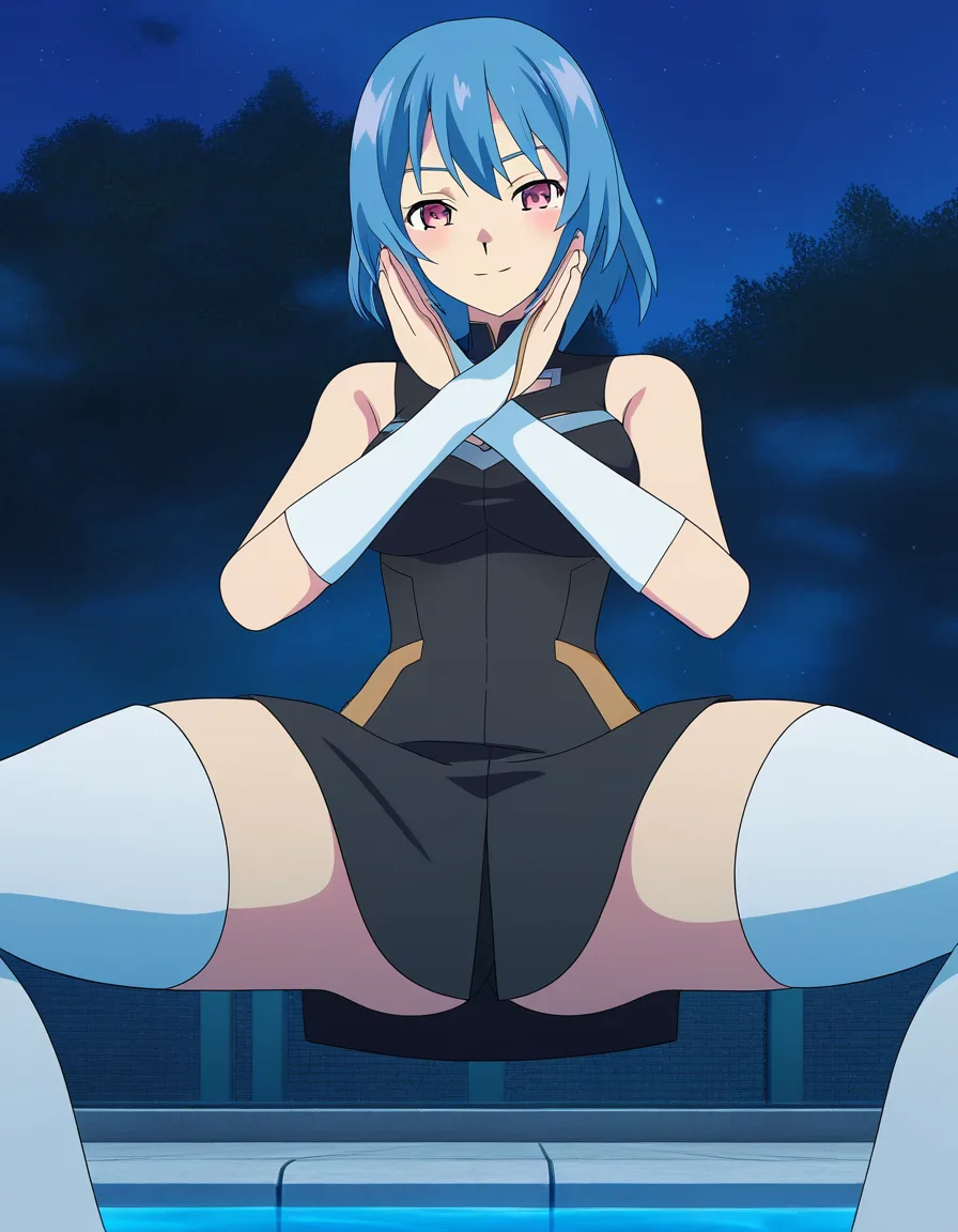 volumetric, high quality, 1other, white thighhighs, sleeveless, poolside pose, spread legs, night, 3D render, (anime style:1.3), 2d, anime screencap, cel shading, flat color