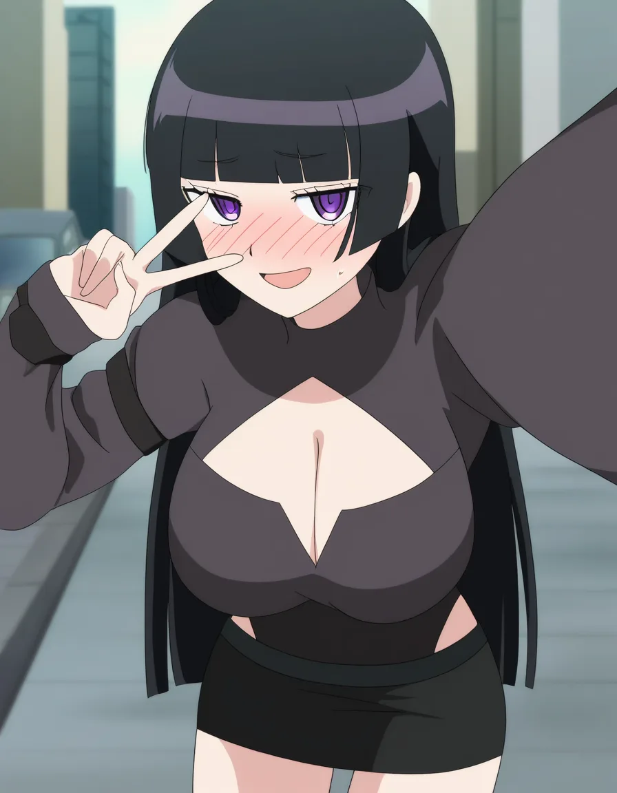 Goth, long black hair, bangs, hime cut, purple eyes, black top, big breasts, cleavage, black miniskirt, smiling, full blushing face, taking selfie, v , public, quality, masterpiece,, (anime style:1.3), 2d, anime screencap, cel shading, flat color, @00osamio00