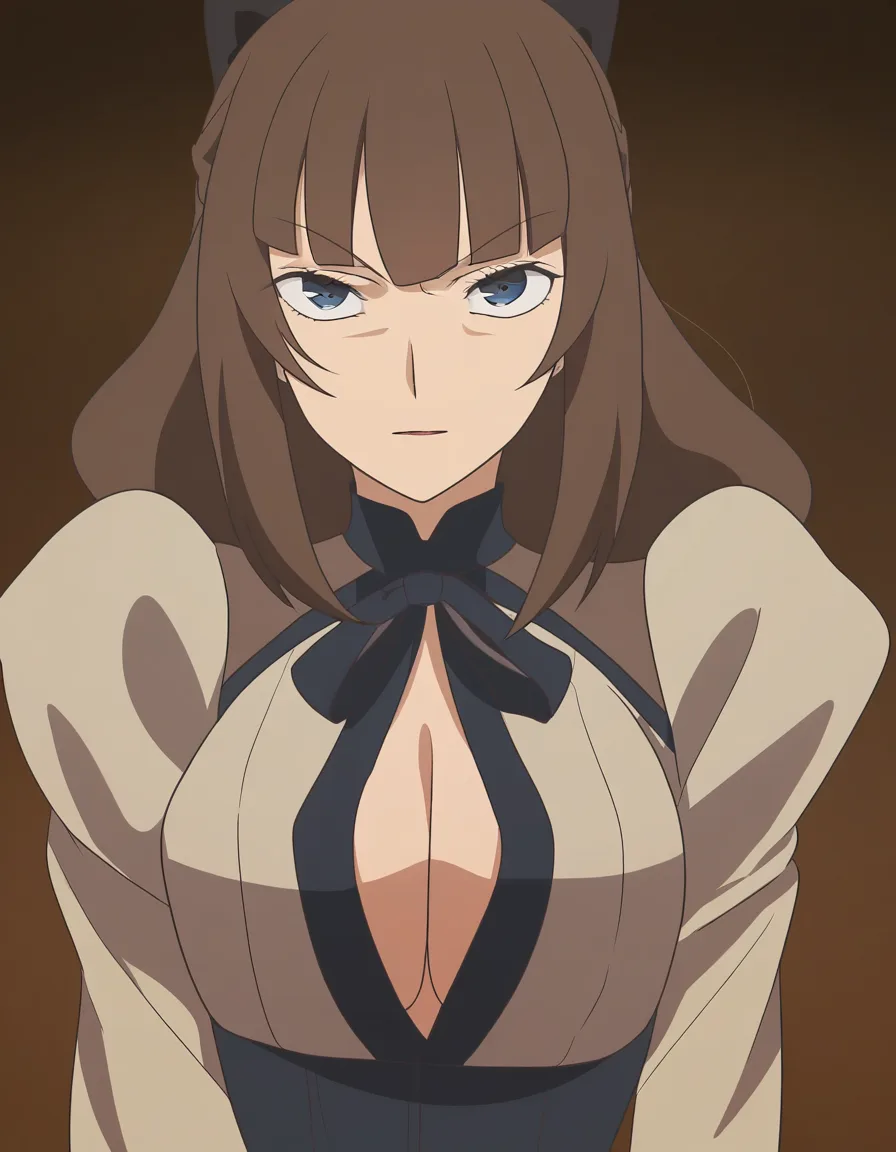 best quality, polished, brunette woman, ribbon, bondage, dominant stare, POV, hentai style, (anime style:1.3), 2d, anime screencap, cel shading, flat color, @00osamio00