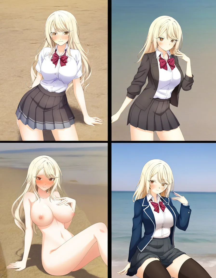 Kei Karuizawa from Classroom of the Elite, recognizable anime appearance, Japanese high-school student, long blonde hair with soft layered bangs, expressive brown eyes, fair complexion, slender build, fashionable and confident personality. Wearing her distinctive school uniform with a neat blazer, ribbon, pleated skirt, and knee-high socks. Stylish gyaru-inspired presentation, polished appearance, playful confident expression, subtle blush, relaxed pose, detailed anime artwork, clean linework, soft cinematic lighting, high-quality background, faithful character design, vibrant colors, elegant composition. fully nude, beach, hentai_studio_quality