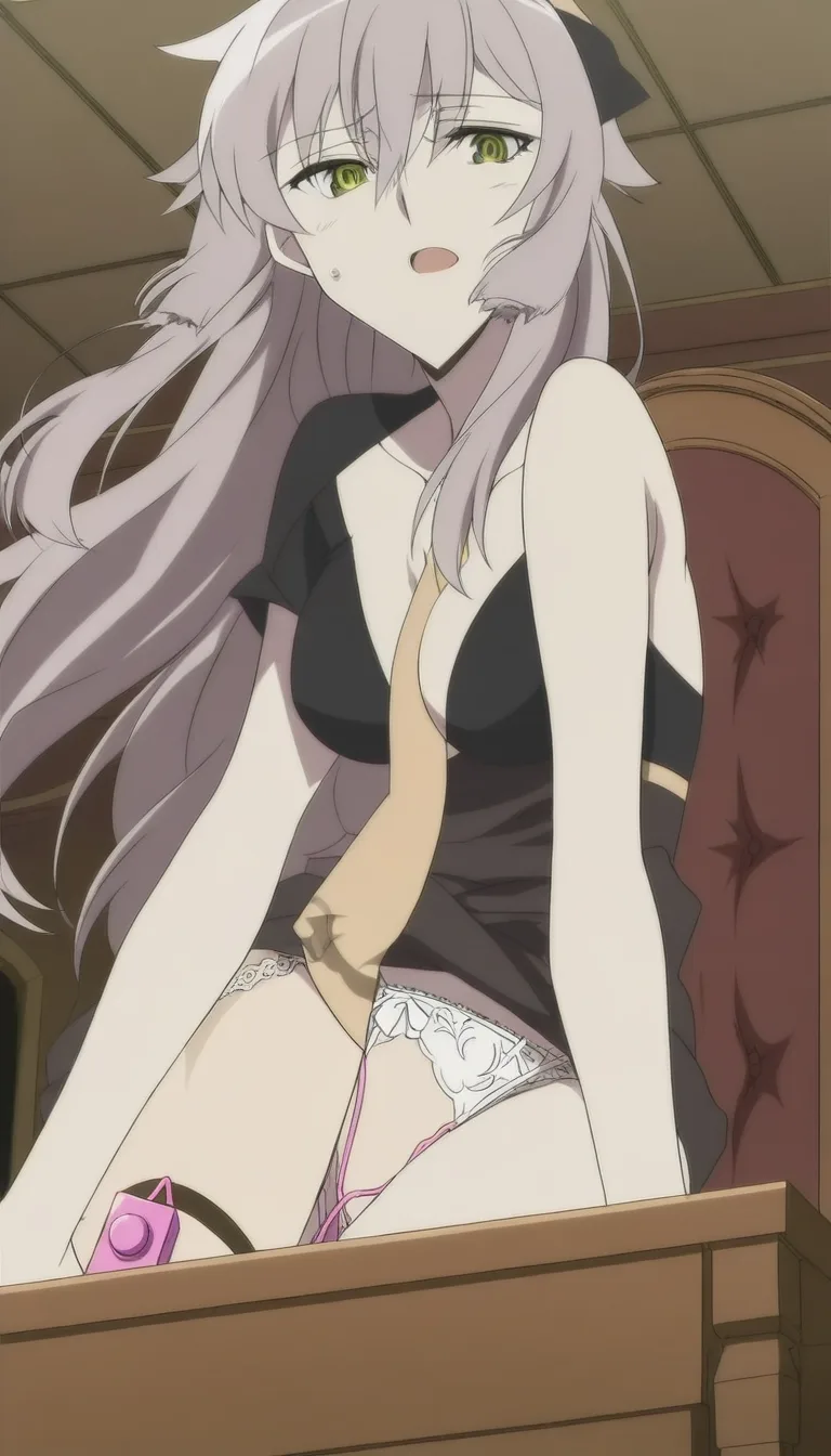 Anime style, high-quality digital illustration. A wide-angle shot of a luxurious university headmaster's office with heavy mahogany furniture, towering bookshelves, and warm, dim afternoon lighting filtering through large windows. In the center of the room, a slim, frail adult girl with a narrow frame, pale skin, and long, flowing hair is captured in a moment of nervous vulnerability; she is in the process of stripping, her skirt partially fallen and clinging to her hips, revealing her small, modest breasts and a pair of white lace panties. Nestled within the lace of her panties is a small, sleek, humming electronic vibrator, subtly vibrating against her skin. Her expression is a mix of intense anxiety and hungry desire, her cheeks flushed and eyes wide. Facing her is the headmaster, a stern man seen from a low angle, leaning forward from a large leather chair behind a massive mahogany desk, pointing a demanding finger toward her. The atmosphere is tense, authoritative, and charged with erotic anticipation.