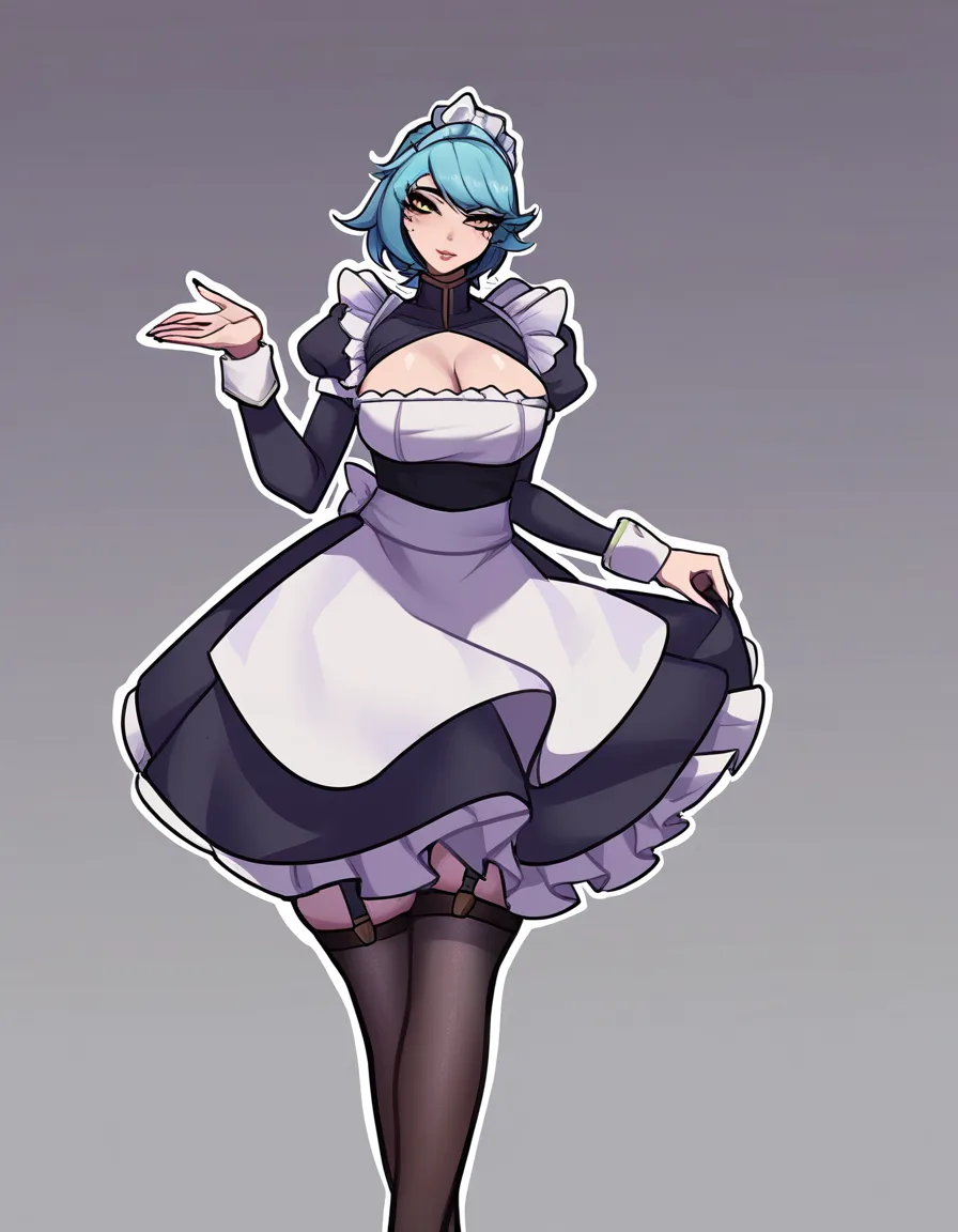 kda kaisa,league of legends,Maid outfit, extremely short skirt, white apron, stockings, cleavage, hentai_studio_quality