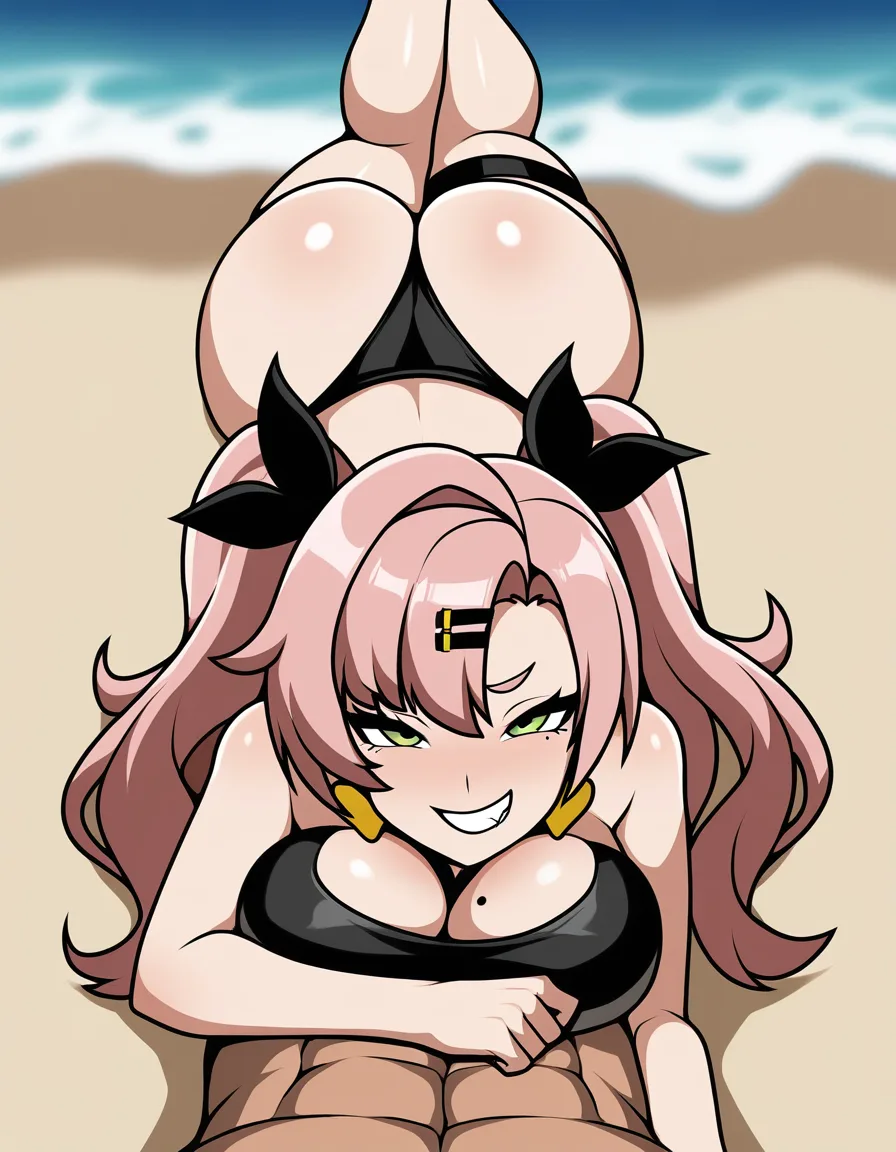 Masterpiece, Nicole Demara, lying_on_stomach, bikini, beach, sultry smile, dominant seductive pose hentai_studio_quality, hentai_studio_quality