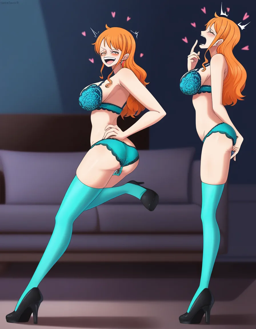 Score_8_up, score_9_up, (one piece anime quality), One piece style animation, best quality, masterpiece, clean art, @nami one piece, long orange hair, (small tits), orgasm, anime_studio_quality sexy, (teal blue lace lingerie), teal blue lace stockings, tits exposed tits, (SuperQuality:1), (SuperQuality:1.2), medium saturation, vibrant colours, (2D style), anime quality, focus on girl, (no blurry faces), high face quality, clean blacklines, no deformities, AissistXLv2, lighting on girl, (minimum detail background), (simple living room background), one piece anime quality, one piece anime style, (lighting on girls face), ring light, best lighting quality 1girl, fully split on the ground, legs apart in split stomach and boobs pressed on the floor, side view solo,full body view, hearts dissatisfied, legs out to the side, splits position, (finger in ass), black heels feet out to the side spreading ass, panties pushed to the side, finger in ass, degradation kink, revealing asshole with finger inside, fingering ass, tits out of bra, dildo in ass, exclaimed orgasm, extreme orgasm face, exposed breast , telling me I’m a bad boy, touching nipples, exposed pussy and ass, looking at pussy, can’t believe she’s having an orgasm expression, extreme orgasm face shocked, mouth open exclaiming orgasm so happy, she’s cumming, heart eyes, eyes crossed, best orgasm she’s ever had, hentai_studio_quality, hentai_studio_quality, hentai_studio_quality