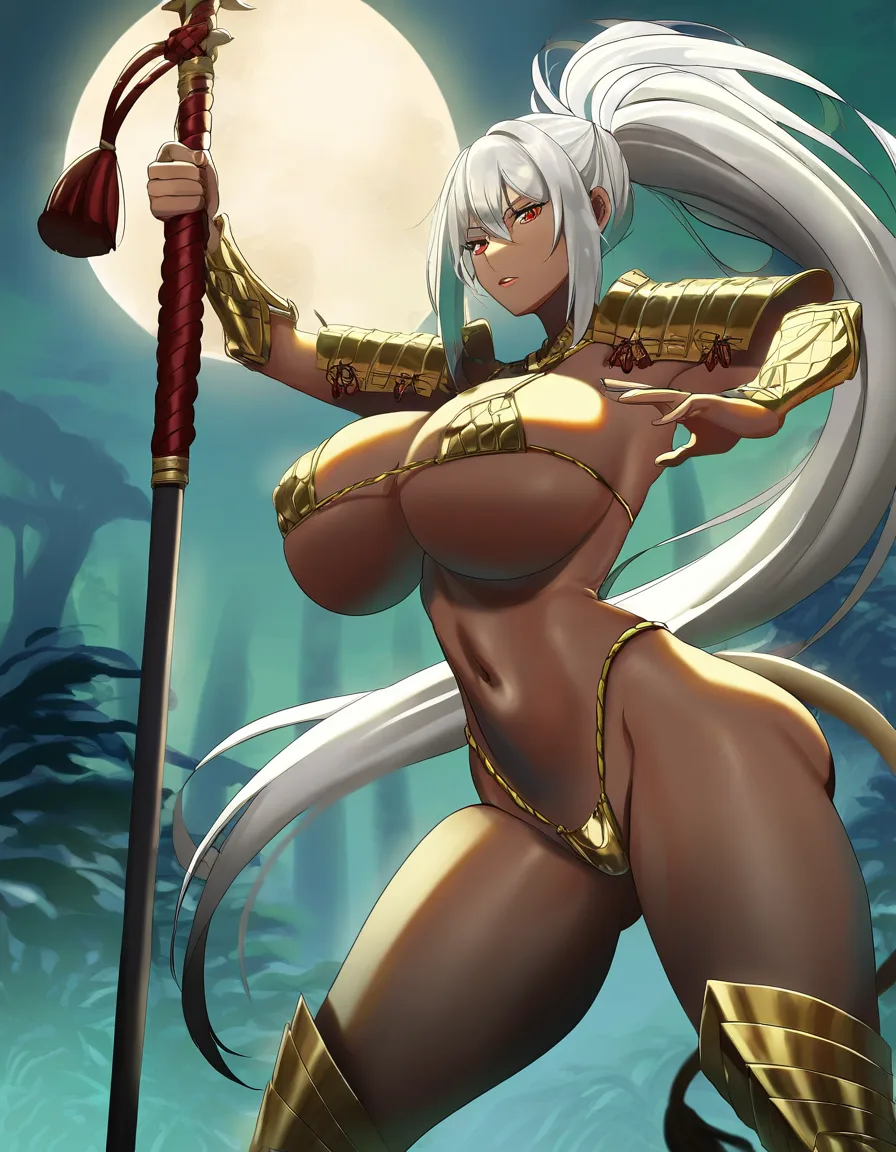 Masterpiece, detailed anime illustration, 1girl, voluptuous, dark skin, red eyes, white hair, silver hair, long hair, huge high ponytail, lion tail. Wearing gold metallic micro bikini, detailed gold and white armor on shoulders and legs, intricate armor plates, red tassels, shimenawa rope accents. Holding a large fantasy polearm, combat pose, action stance, dynamic pose. Dark dense jungle background, moon light filtering through trees, shadows, cinematic lighting, epic fantasy art style., hentai_studio_quality ,futnari ,big penis ,cumshot ,masutbation, hentai_studio_quality