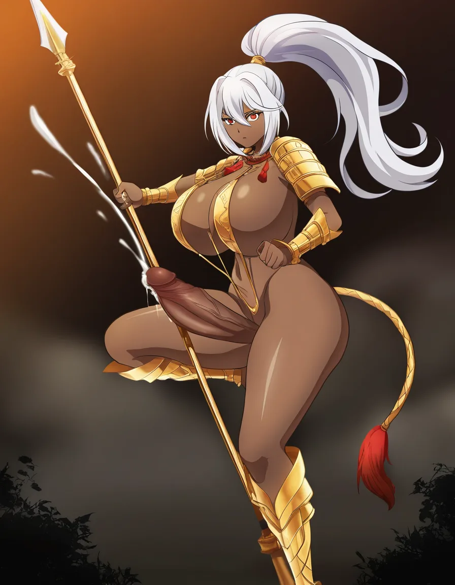futnari ,big penis ,cumshot ,masturbation , Masterpiece, detailed anime illustration, 1girl, voluptuous, dark skin, red eyes, white hair, silver hair, long hair, huge high ponytail, lion tail. Wearing gold metallic slingshot_swimsuit , detailed gold and white armor on shoulders and legs, intricate armor plates, red tassels, shimenawa rope accents. Holding a large fantasy polearm, combat pose, action stance, dynamic pose. Dark beach background, shadows, cinematic lighting, epic fantasy art style., hentai_studio_quality
