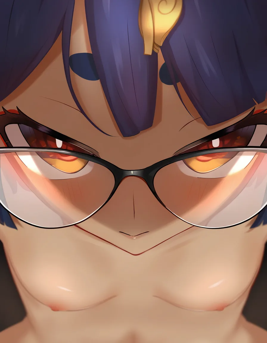 @xiangling_(genshin_impact), glasses, standing in bedroom, /hentai_studio_quality, small_breasts, naughty_face, no bra, red_eyes, hentai_studio_quality, no shirt, viewing bra, focus on bra, looking_at_viewer, straight-on, close-up, hentai_studio_quality