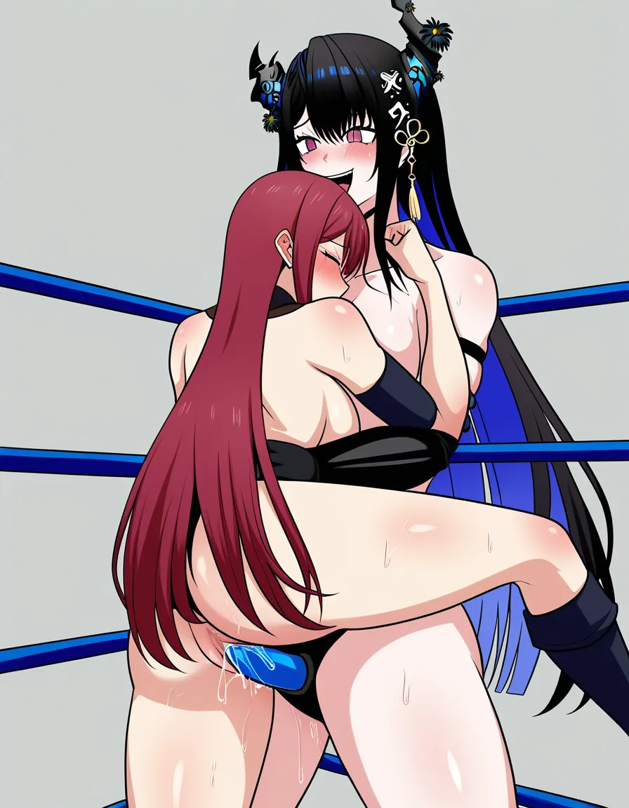 @nerissa_ravencroft , @houshou_marine-red_hair, 2girls yuri sex , wrestling_ring,  orgasm pussy_juice, defeated,, bruises ahegao, strap-on vaginal_object_insertion reverse_suspended_congress fingering, leg_lift, hentai_studio_quality