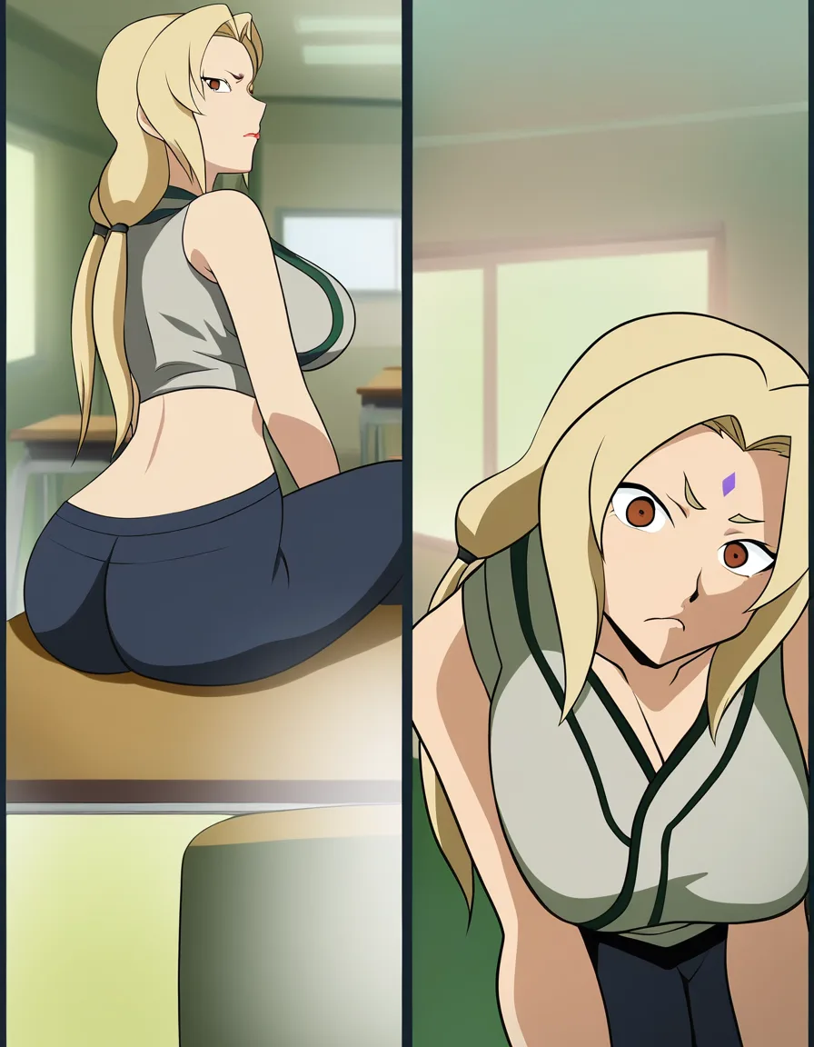 Doujin style,tsunade, large breasts and large ass,tight shirt and pants, bend over,looking for a book,in classroom, (anime style:1.3), 2d, anime screencap, cel shading, flat color, @00osamio00