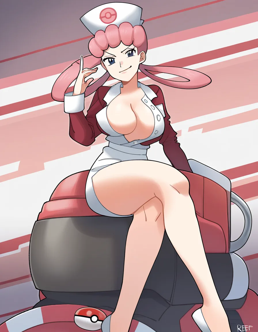 Nurse Joy from the anime Pokemon, with her signature hairstyle (refer to the anime, which shows her with pink hair, forming hoops on both sides). She’s sitting on a stretcher in the Pokemon Center, with Pokeballs around to show proof of the series. She’s dressed in only the PokeCenter hat and nurse’s jacket, with the jacket fully unbuttoned to show Nurse Joy’s partially exposed breasts. One leg is crossed over the other, and Nurse Joy is looking down onto the viewer with a smirk., hentai_studio_quality