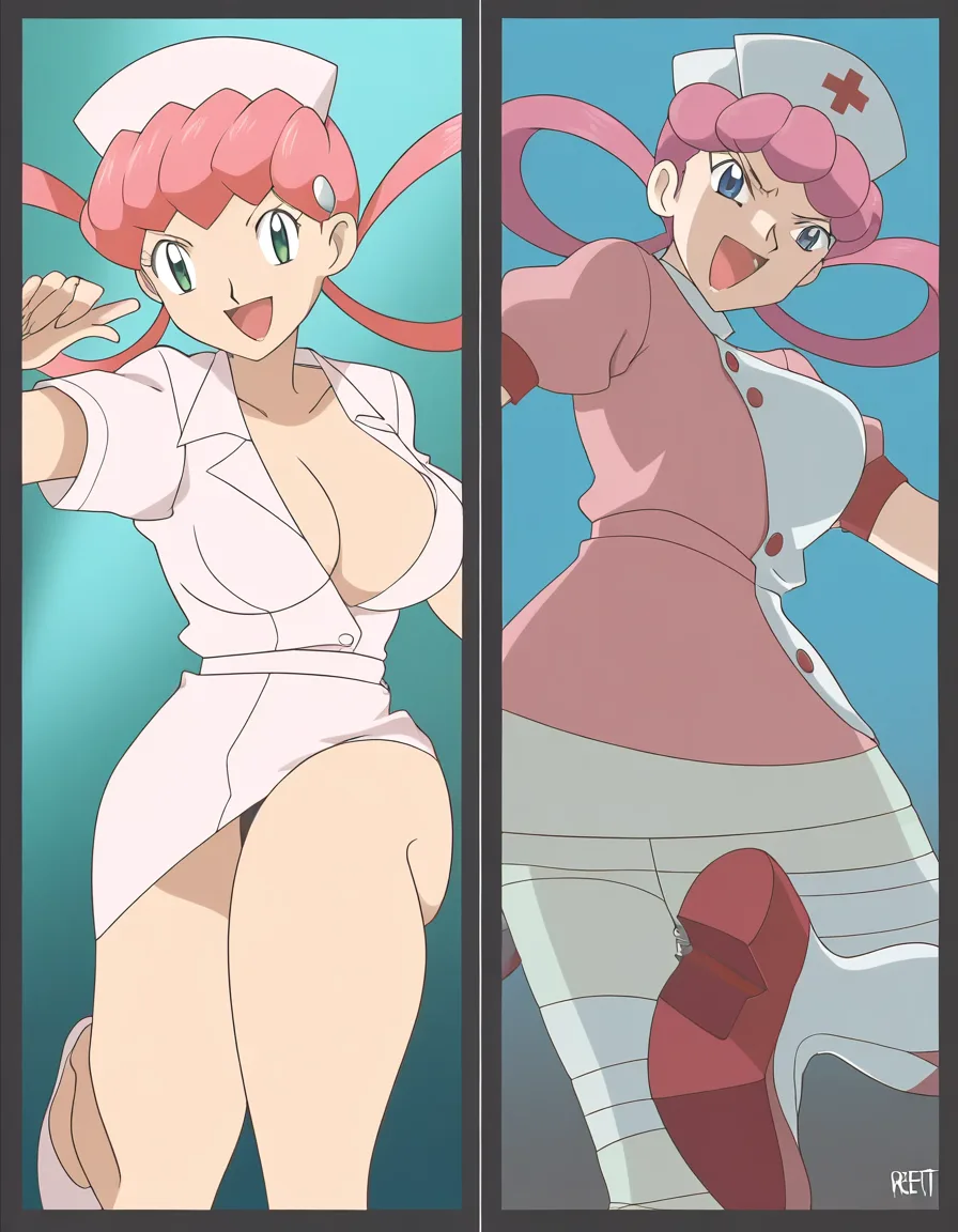 Nurse Joy from the anime Pokemon, with her signature hairstyle (refer to the anime, which shows her with pink hair, forming hoops on both sides). She’s sitting on a stretcher in the Pokemon Center, with Pokeballs around to show proof of the series. She’s dressed in only the PokeCenter hat and nurse’s jacket, with the jacket fully unbuttoned to show Nurse Joy’s partially exposed breasts. One leg is crossed over the other, and Nurse Joy is looking down onto the viewer with a smirk., hentai_studio_quality, (anime style:1.3), 2d, anime screencap, cel shading, flat color