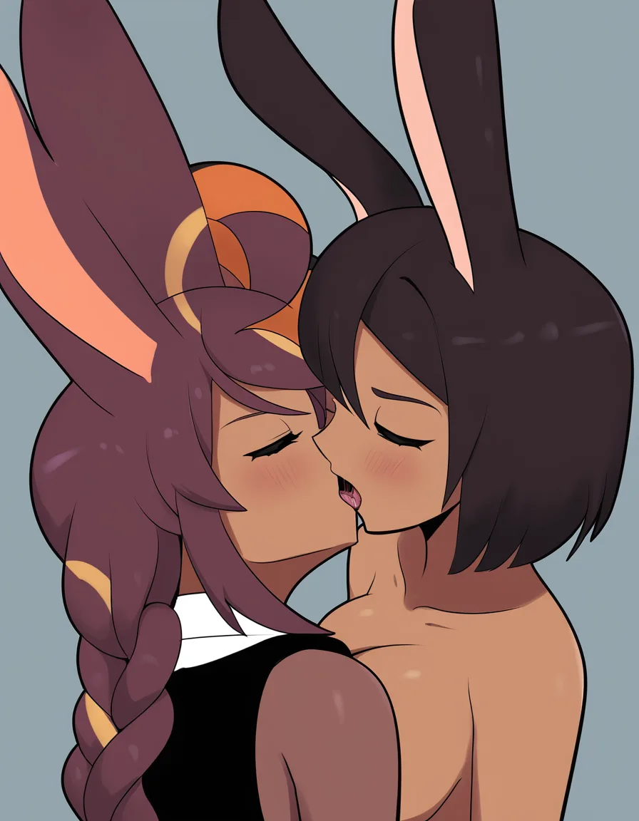 absurdity, high resolution, rabbit girl, collared shirt, topless, bright anime colors, french_kiss, hentai_studio_quality