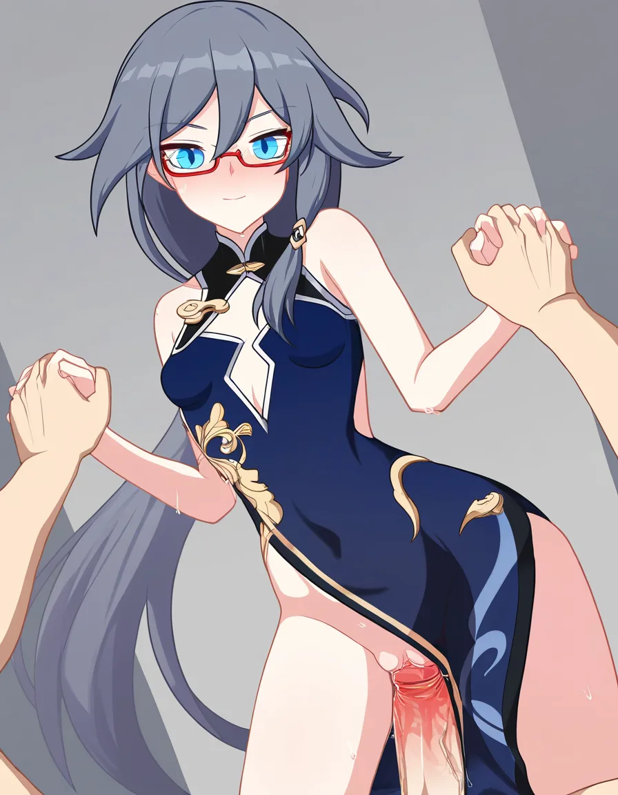 nsfw, fu hua from honkai impact 3rd, blue swallow outfit, long grey hair in low ponytail, blue eyes, glasses, beautiful elegant face, slim flexible body, small breasts, fair smooth skin, wearing elegant blue chinese qipao dress with gold accents, dress hiked up exposing pussy, explicit cowgirl position, straddling and riding thick cock passionately, holding both hands with partner, fingers interlocked, body moving rhythmically, wet tight pussy stretched around thick penis, vaginal juices dripping, eyes half-lidded in pleasure, lewd dâm đãng expression, heavy blush, clearly enjoying the sex, [sex with man, 1 man, penis inside pussy, cock inside pussy, simple bedroom background, masterpiece, best quality, ultra detailed, 8k, sharp focus, low angle view, (anime style:1.3), 2d, anime screencap, cel shading, flat color