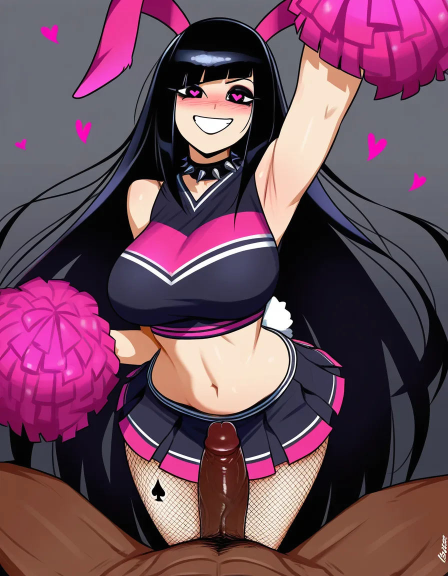 masterpiece, clean art, 1boy , 1girl , long_hair, eager , goth, black_hair , hand_up , fishnets , rabbit_ears , rabbit_tail, makeup , thighs , perfect anataomy, perfect proportions, perfect spade tattoo on thigh, heart-shaped_pupils , cheerleader , blush , penis, BBC , interacial, on_back , smile, looking_at_viewer, fellatio , skirt ,, hentai_studio_quality