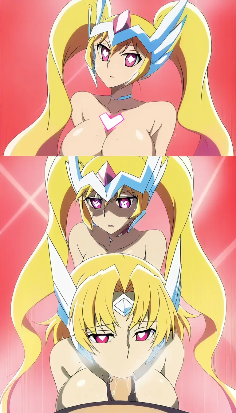 Beautiful anime-style She-Ra inspired woman with long flowing blonde twin-tails, wearing a white horned helmet with a central diamond-shaped gem, large purple-pink eyes with heart-shaped pupils, seductive half-lidded gaze, extremely large soft breasts, fair skin, giving a deep passionate blowjob, licking and sucking a thick cock, saliva dripping, hands stroking the shaft, wet glossy skin, heavy breathing, erotic expression, dynamic motion, close-up face and breasts focus, soft lighting, highly detailed, smooth animation, 2D anime style_parody