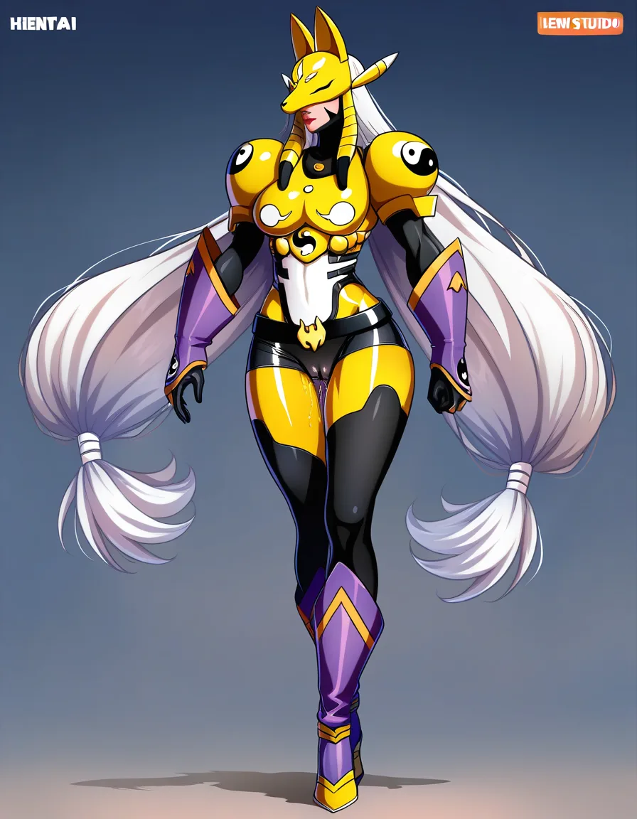 ultra detailed shading, masterpiece, clean art, highly_detailed, best_quality, hentai_studio_quality, realistic, sakuyamon, very_long_hair, white_hair, twintails, shiny_skin, shiny_clothes, impossible_clothes, denim_shorts cameltoe, thighhighs, high_heels, pussy_juice, walking, see-through_shirt, partially_visible_vulva, full_body, muscular_female, hentai_studio_quality