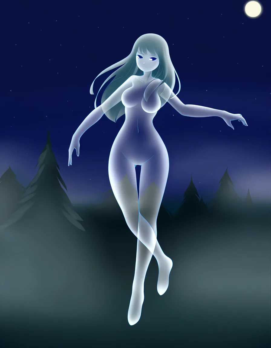 1 female ghost, transparent body, naked, long hair, hovering BREAK forest, night, full_moon, hentai_studio_quality