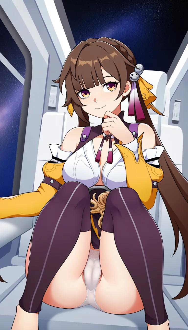 Masterpiece, honkai star rail, 1girl, Sushang, Cameltoe, Easy going smile, medium breasts, sitting, thighs together, medium thighs, outfit, looking at viewer, dry panties, Space ship corridor.,,, value:0.1 for: hentai_studio_quality.,,, hentai_studio_quality, hentai_studio_quality, hentai_studio_quality, hentai_studio_quality, hentai_studio_quality, hentai_studio_quality, hentai_studio_quality, hentai_studio_quality, hentai_studio_quality, hentai_studio_quality