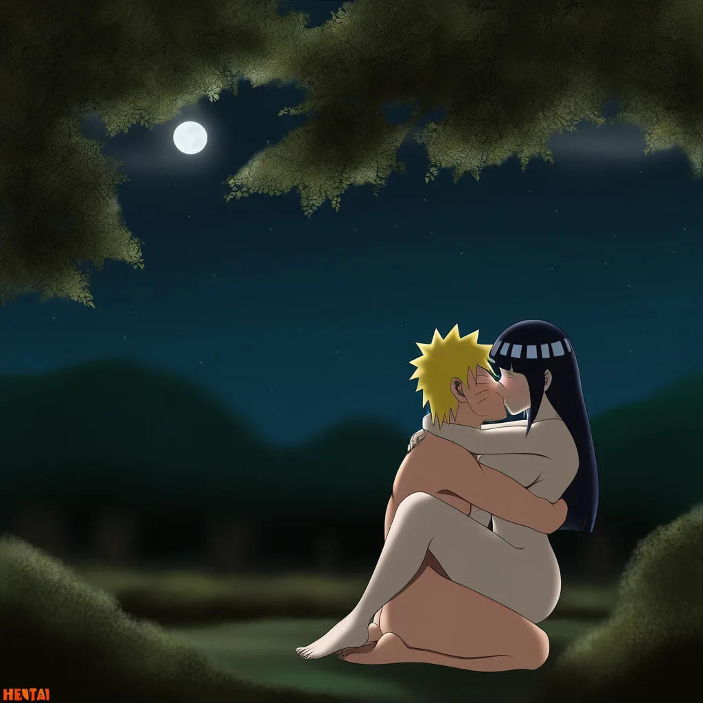 Naruto Uzumaki, @hyuuga_hinata, long_hair, nude, hug, Kiss, forest, night, hentai_studio_quality
