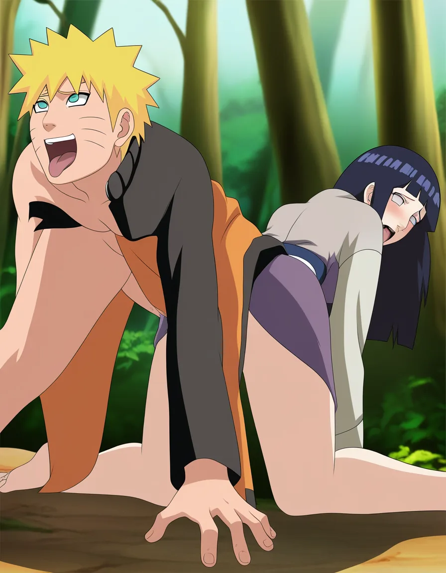 Naruto Uzumaki, japanese_armor, @hyuuga_hinata, long_hair, ahegao, kimono, open_clothes, doggystyle, forest, hentai_studio_quality
