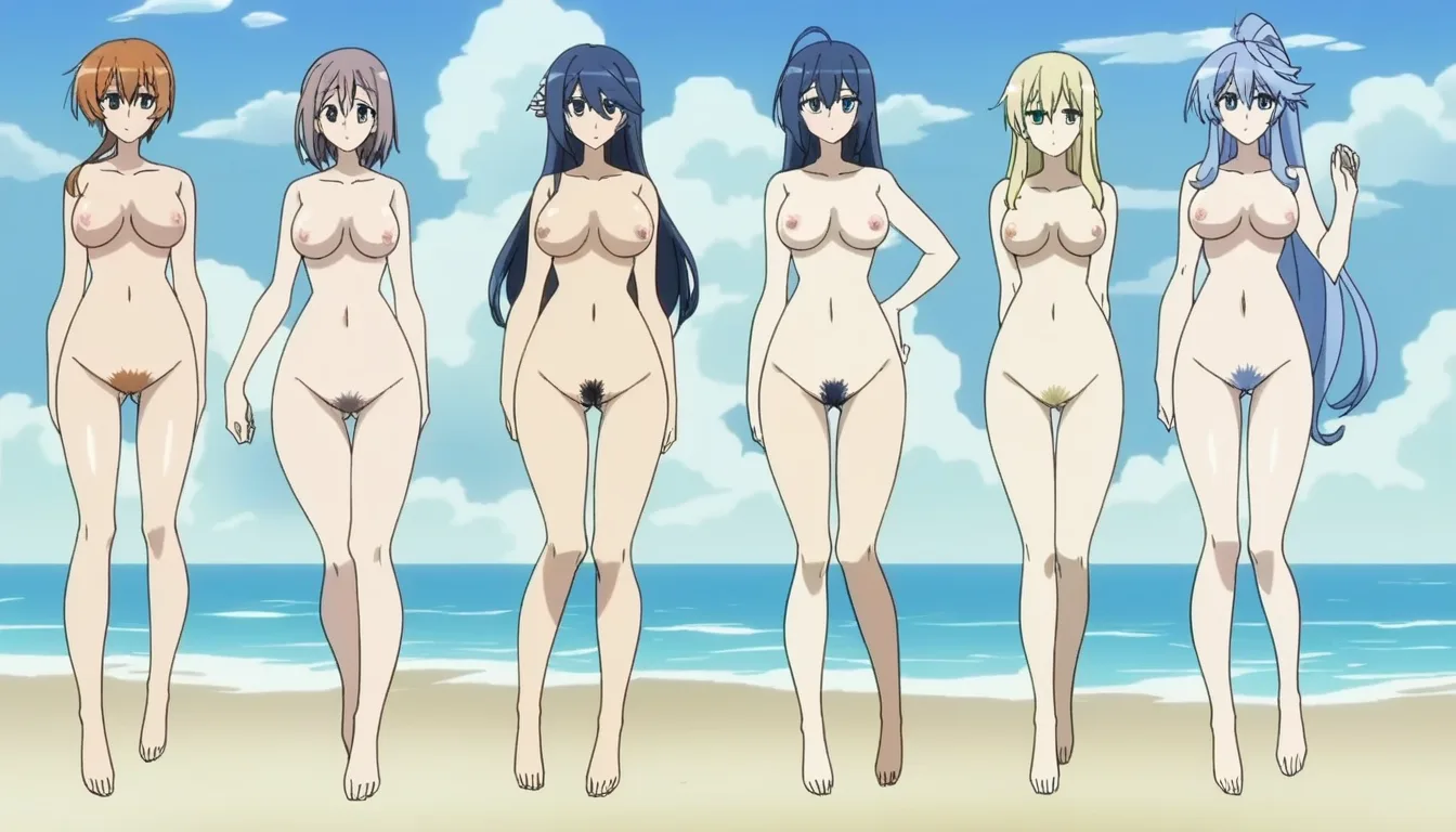 best quality, polished, multiple girls, shiny skin, various bust sizes, various pubic hair styles, nude, walking toward viewer, looking at viewer, full_body, sunny day, beach, soft cel shading