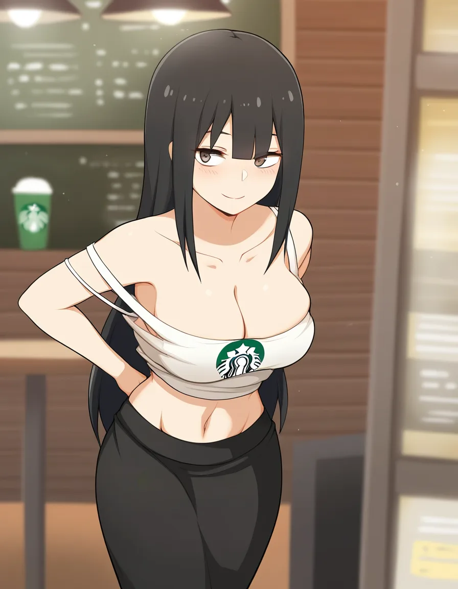 masterpiece, fine detail, 1girl, cute asian Girl, working in a Café like Starbucks, Long black hair, clothed, detailed shading, smile, undressing her outfit in the cafe, undressing, stripping, hentai_studio_quality