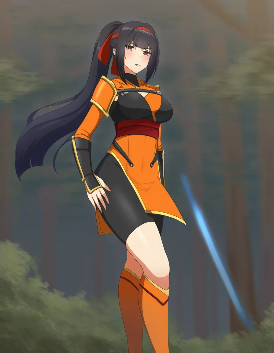 [onimusha]_kaede, ninja orange_clothes orange_skirt black_hair short_ponytail,, hentai_studio_quality